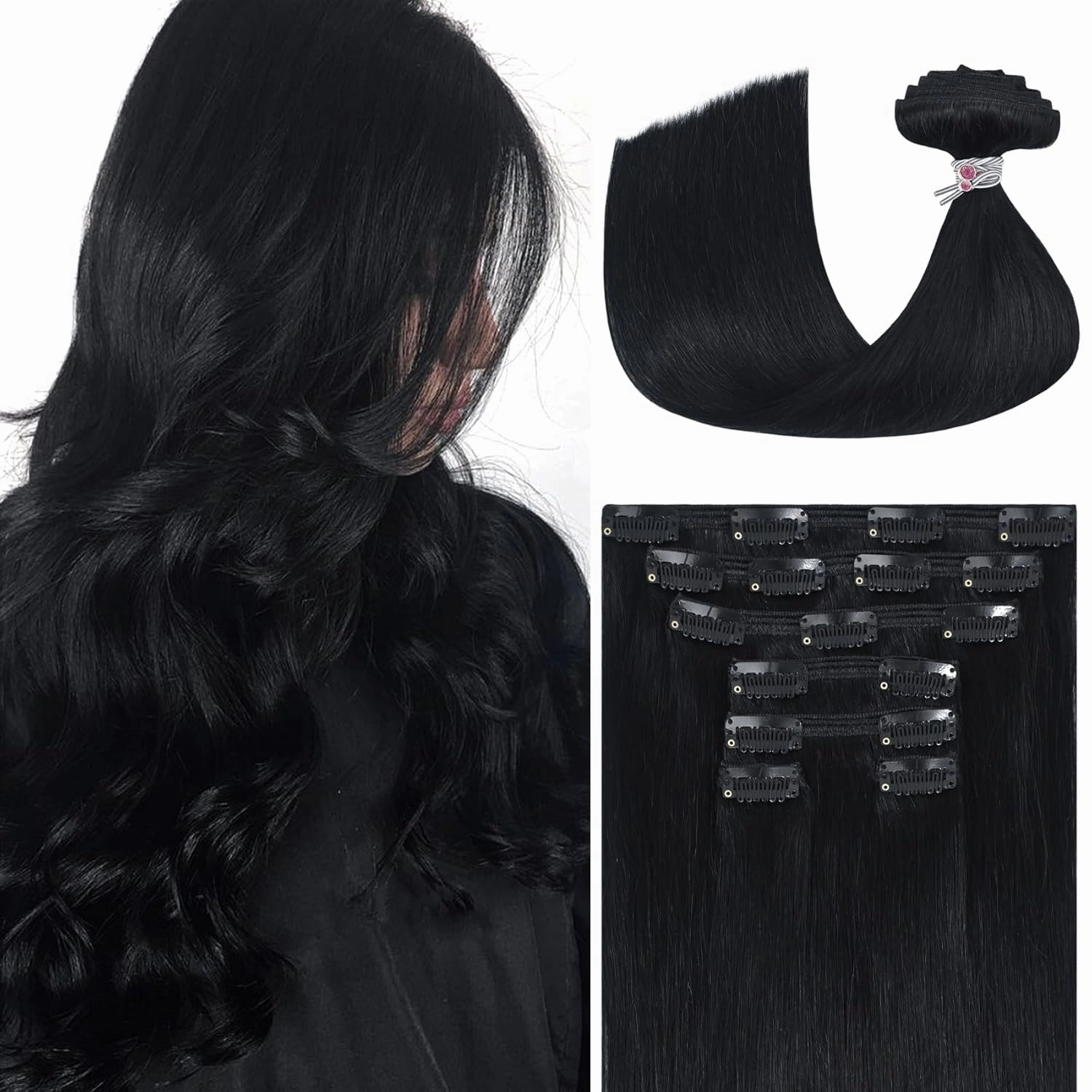Ukira Black Clip in Hair Extensions Real Human Hair, 12 Inch 100g 7pcs #1 Jet Black Hair Extensions Real Human Hair, Soft Straight Remy Human Hair Clip in Extensions for Women
