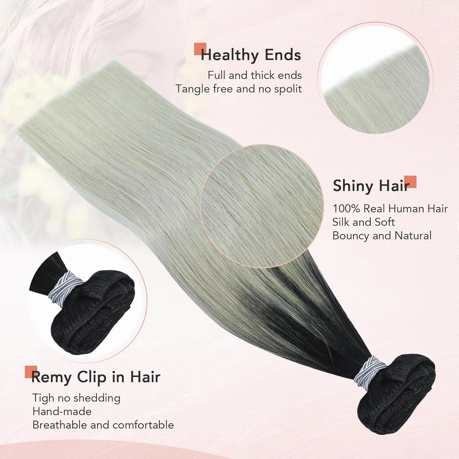 Ukira Black Silver Hair Extensions for Women Real Human Hair, 16 Inch 120g 7pcs Natural Black Fading to Grey Human Hair Clip in Extensions, Silky Natural Straight Remy Human Hair Clip ins