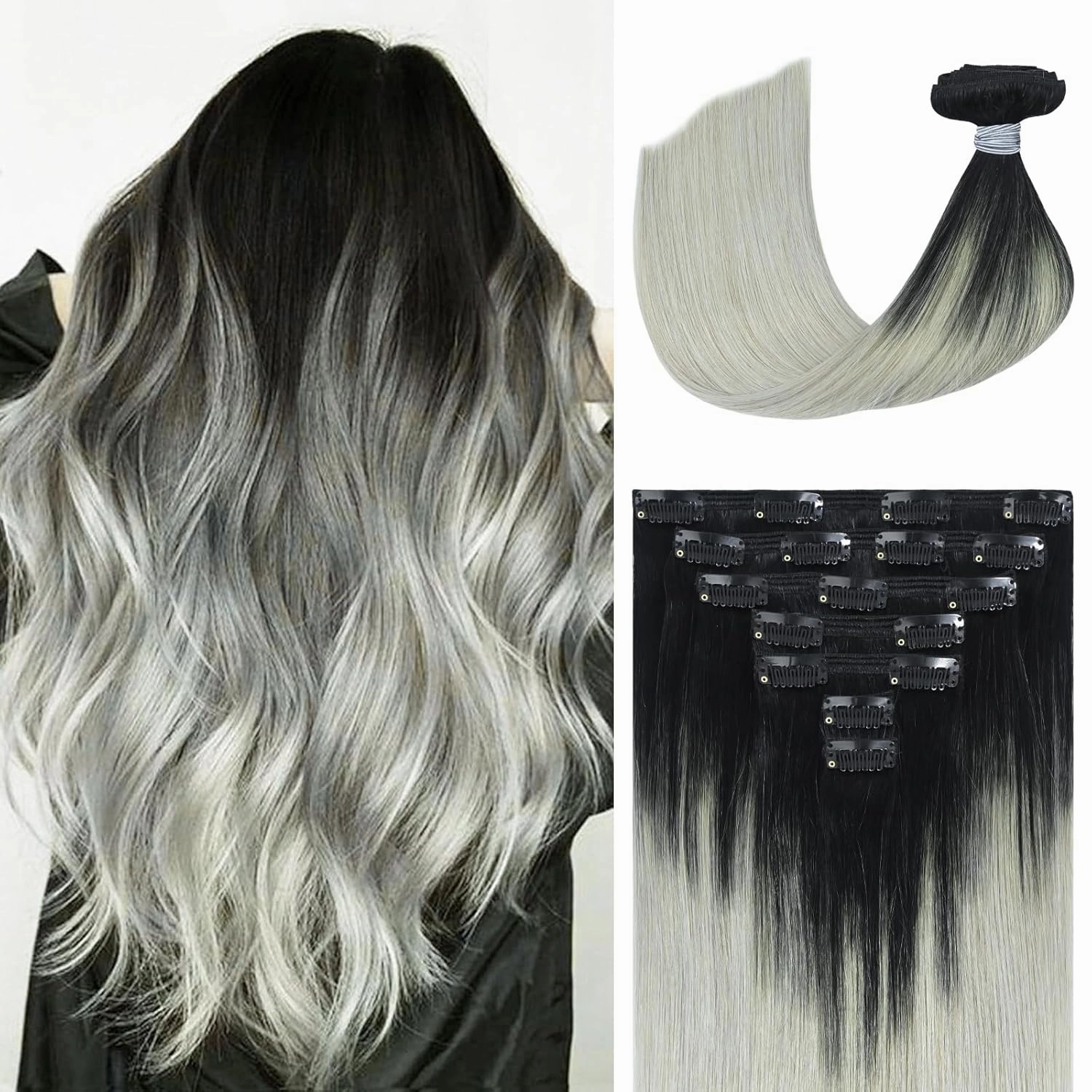 Ukira Black Silver Hair Extensions for Women Real Human Hair, 16 Inch 120g 7pcs Natural Black Fading to Grey Human Hair Clip in Extensions, Silky Natural Straight Remy Human Hair Clip ins