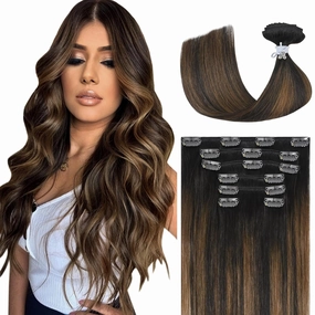 Ukira Brown Balayage Hair Extensions Real Human Hair, 18 Inch 70g 7pcs 2/6/2 Dark Brown to Chestnut Brown Ombre Clip in Hair Extensions, Natural Straight Remy Human Hair Clip in Extensions