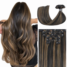 Ukira Clip in Hair Extensions Real Human Hair, 12 Inch 70g 7pcs Remy Human Hair Clip in Extensions, Natural Black Mixed Chestnut Brown Balayage Hair Extensions Real Human Hair for Women