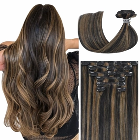Ukira Clip-In Human Hair Extensions, 15 Inch 70g 7pcs Remy, Natural Black Mixed Chestnut Brown Balayage