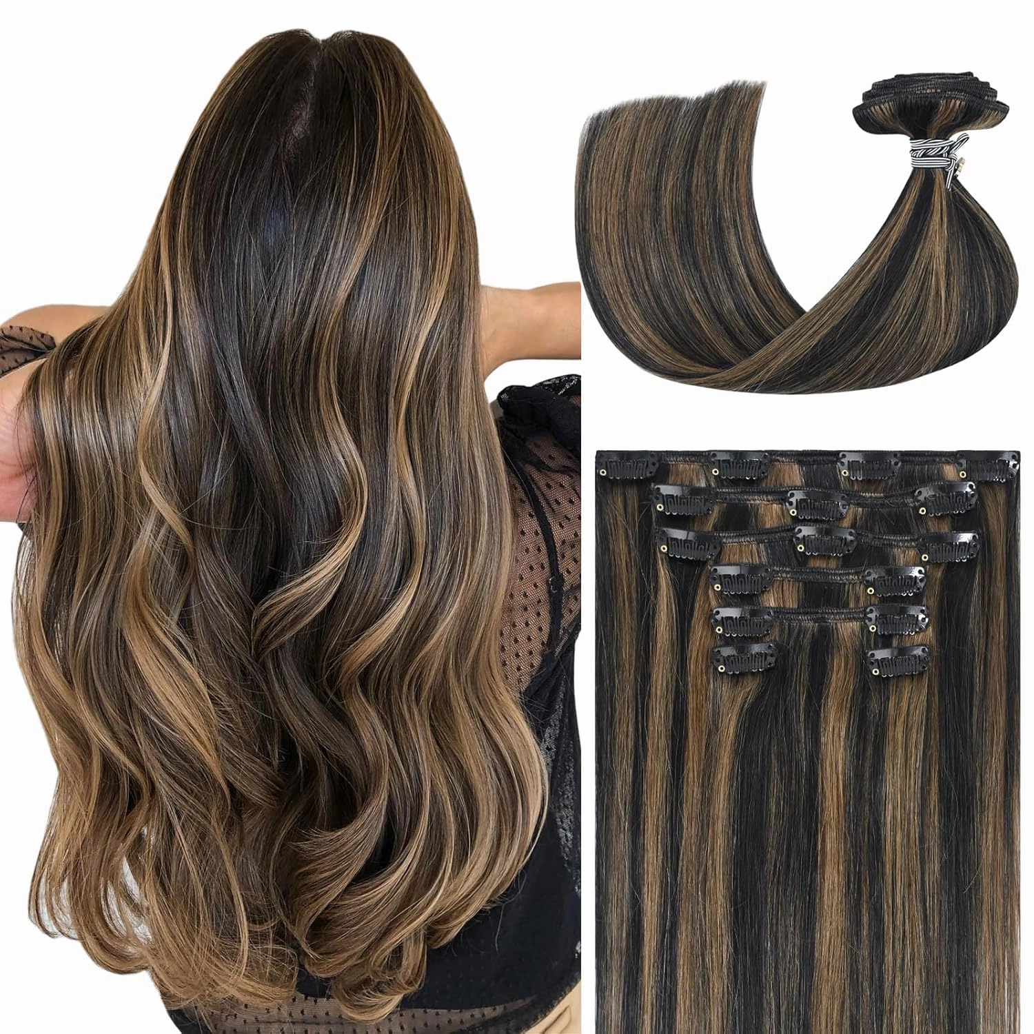 Ukira Clip-In Human Hair Extensions, 15 Inch 70g 7pcs Remy, Natural Black Mixed Chestnut Brown Balayage