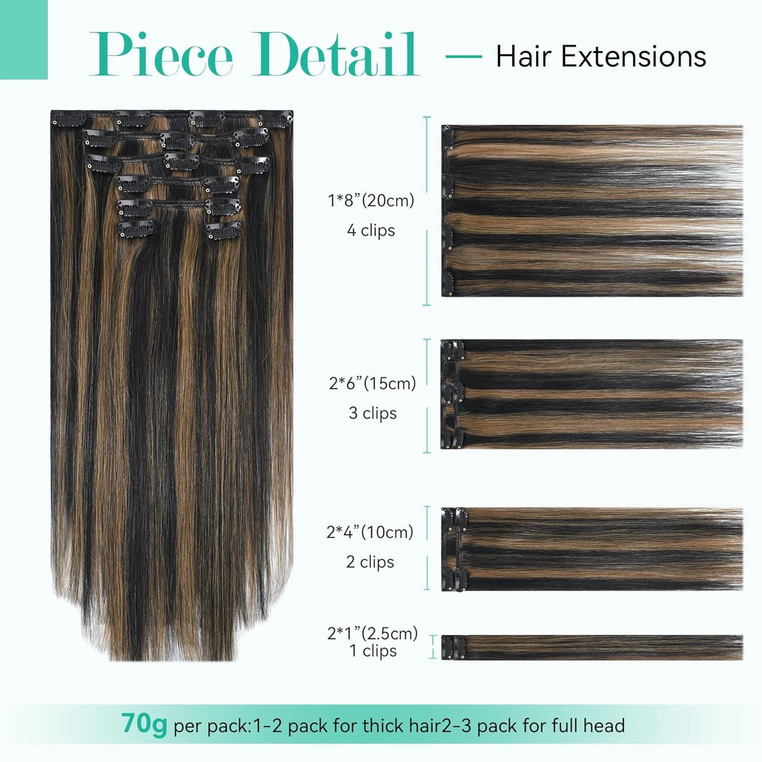 Ukira Clip-In Human Hair Extensions, 15 Inch 70g 7pcs Remy, Natural Black Mixed Chestnut Brown Balayage