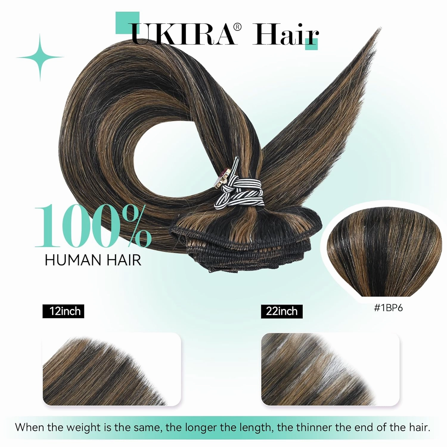 Ukira Clip-In Human Hair Extensions, 15 Inch 70g 7pcs Remy, Natural Black Mixed Chestnut Brown Balayage