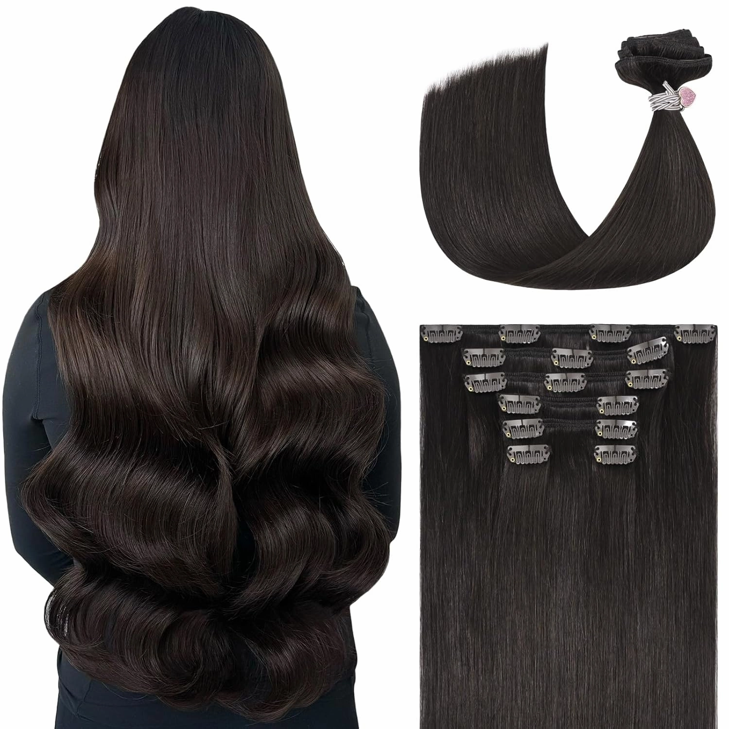 Ukira Dark Brown Hair Extensions Clip in Real Human Hair, 15 Inch 70g 7pcs Dark Brown Clip in Hair Extensions Real Human Hair, Soft Natural Straight Remy Human Hair Clip ins for Women