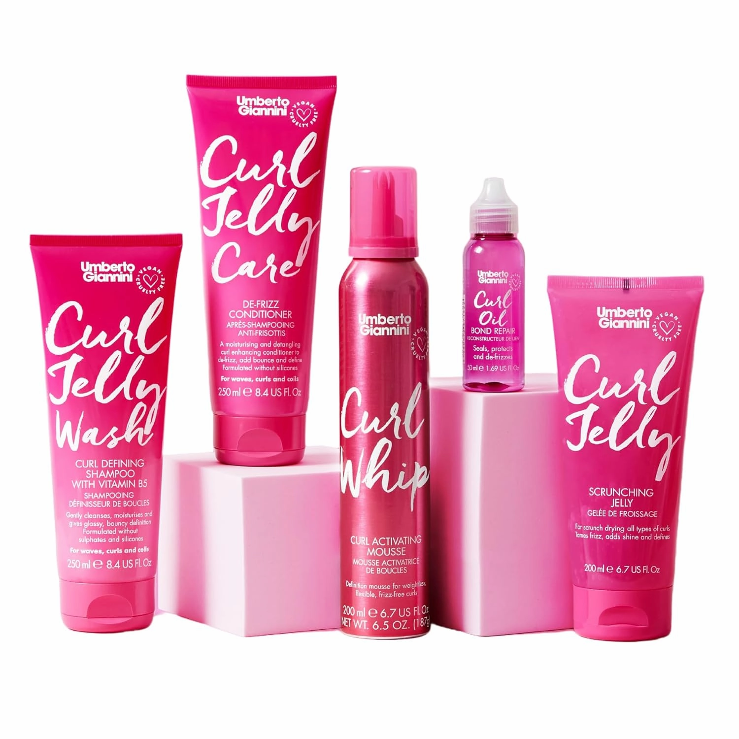Umberto Giannini Curly Girl Hair Kit - Curl Jelly Wash Shampoo & Care Conditioner, Bond Repair Curl Oil & Activating Mousse