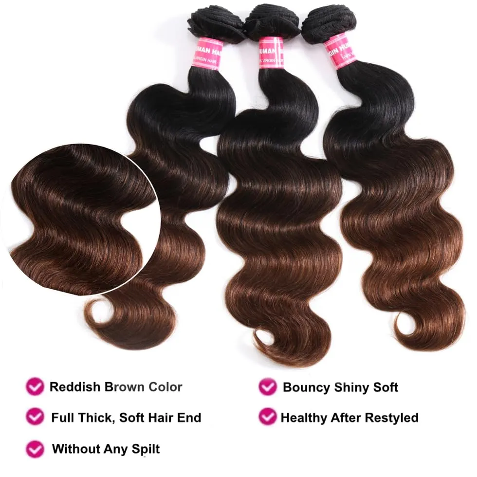 UNICE Chestnut Brown Ombre Body Wave Human Hair Weave 1 Bundle 8 inch Brazilian Remy Human Hair Sew In Extensions Soft and Keep Waves after Multiple Washes
