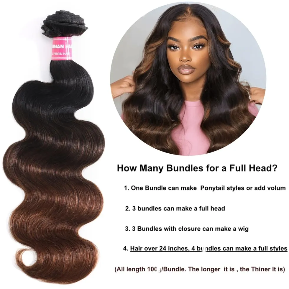 UNICE Chestnut Brown Ombre Body Wave Human Hair Weave 1 Bundle 8 inch Brazilian Remy Human Hair Sew In Extensions Soft and Keep Waves after Multiple Washes