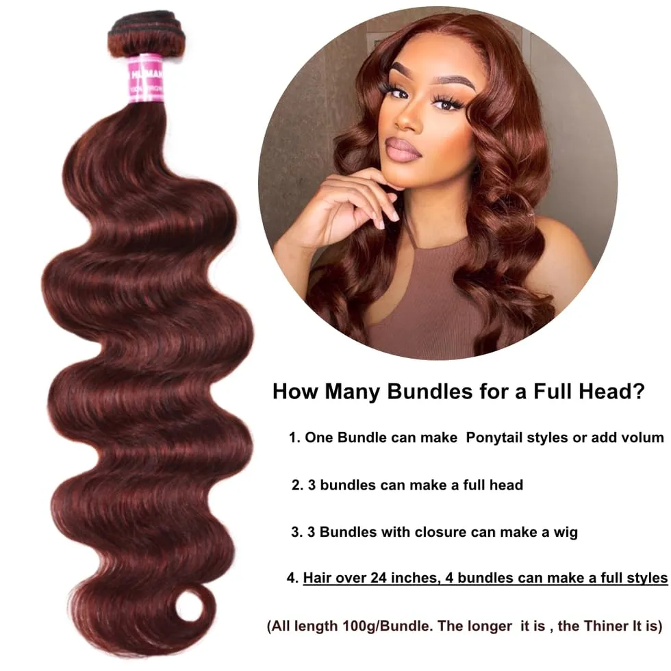 UNICE Reddish Brown Body Wave Human Hair Weave 1 Bundle 26 inch Brazilian Remy Human Hair Sew In Extensions 33b Color Soft and Keep Waves after Multiple Washes
