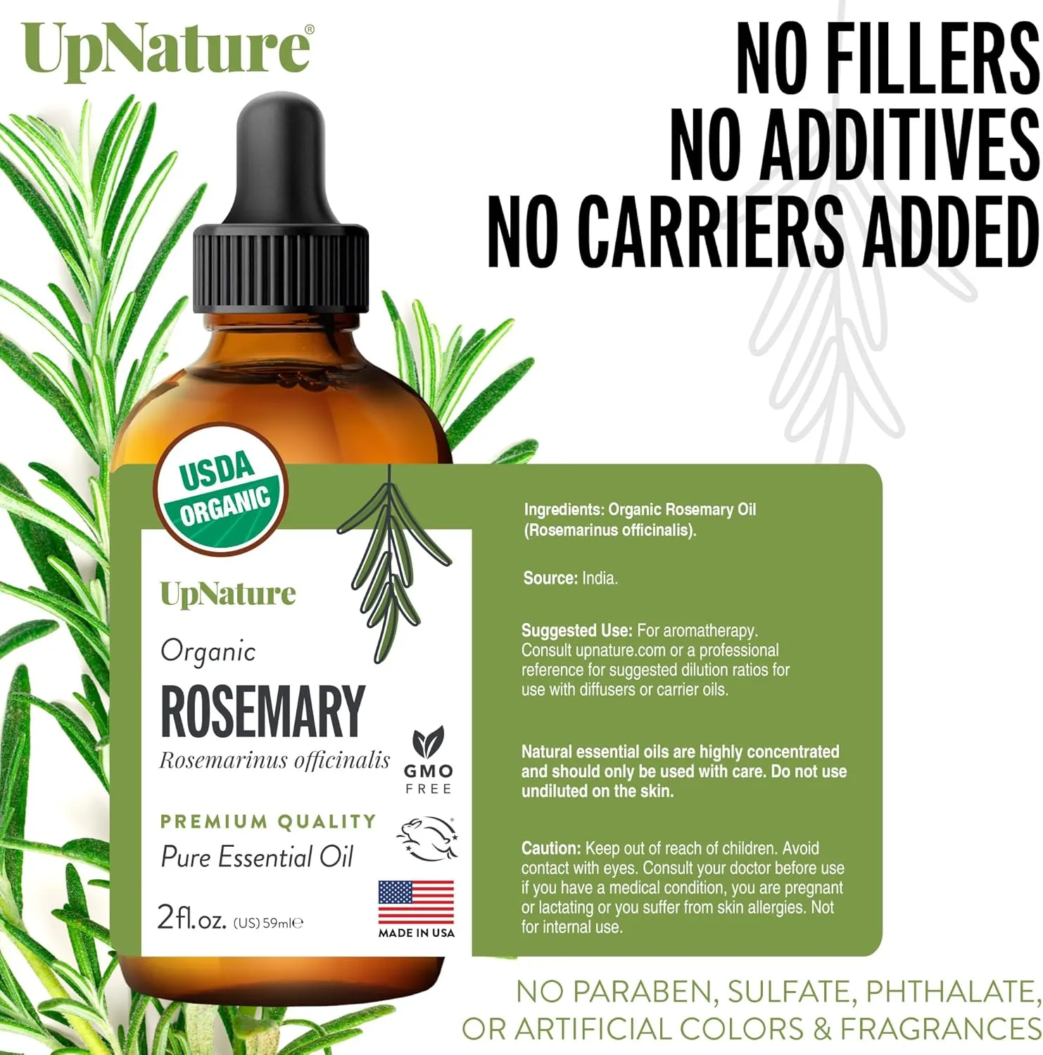 UpNature Organic Rosemary Oil - 100% Pure Rosemary for Hair, Scalp, Skin, 2oz