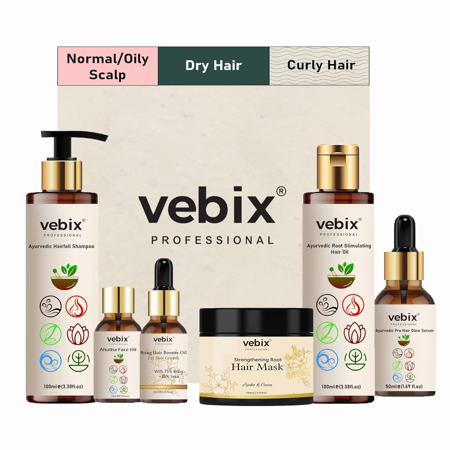 Ve-bix/ Professional Customized Regimen Full Kit Lotus AntiHairfall Shampoo & Neem Oil Hair Glow Serum Onion Hair Mask Hair Booster Serum & Kumkuma Face Brightening Oil(Dry Hair)