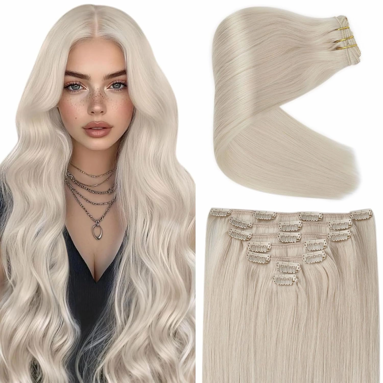 Ve Sunny Clip in Hair Extensions Human Hair Soft Clip in Extensions Platinum Blonde Clip in Hair Extensions Short Hair Blonde Clip in Human Hair Extensions White Color 5pcs 80g 12inch