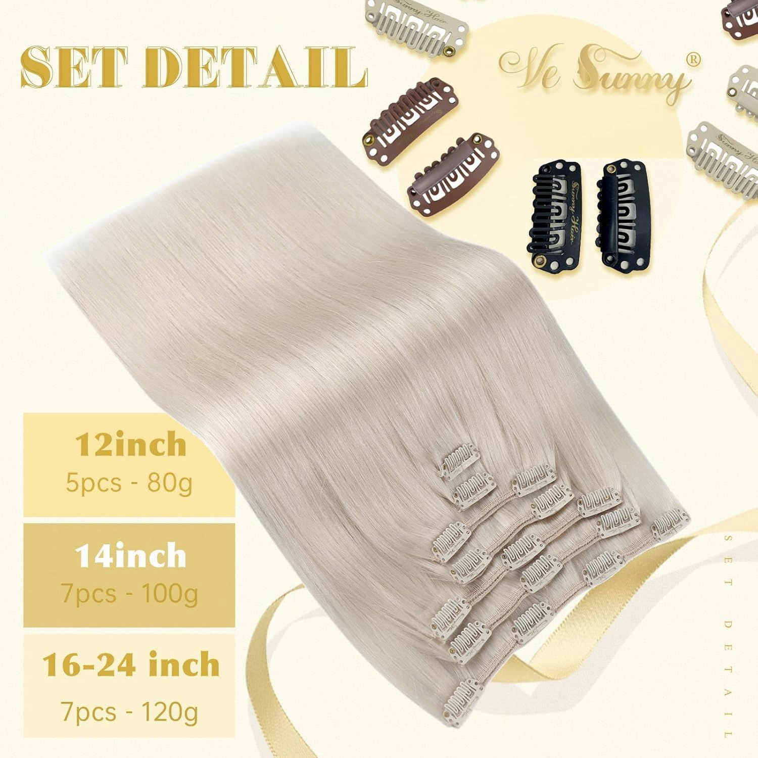 Ve Sunny Clip in Hair Extensions Human Hair Soft Clip in Extensions Platinum Blonde Clip in Hair Extensions Short Hair Blonde Clip in Human Hair Extensions White Color 5pcs 80g 12inch
