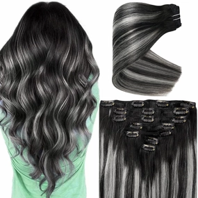 Ve Sunny Clip in Hair Extensions Real Human Hair Ombre Hair Clip in Extensions Ombre Black Roots to Grey Balayage Human Hair Extensions Clip ins Short Straight Remy Hair 80g 5pcs 12inch