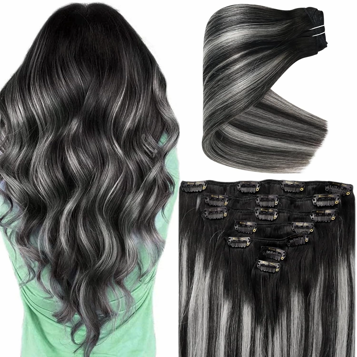 Ve Sunny Clip in Hair Extensions Real Human Hair Ombre Hair Clip in Extensions Ombre Black Roots to Grey Balayage Human Hair Extensions Clip ins Short Straight Remy Hair 80g 5pcs 12inch