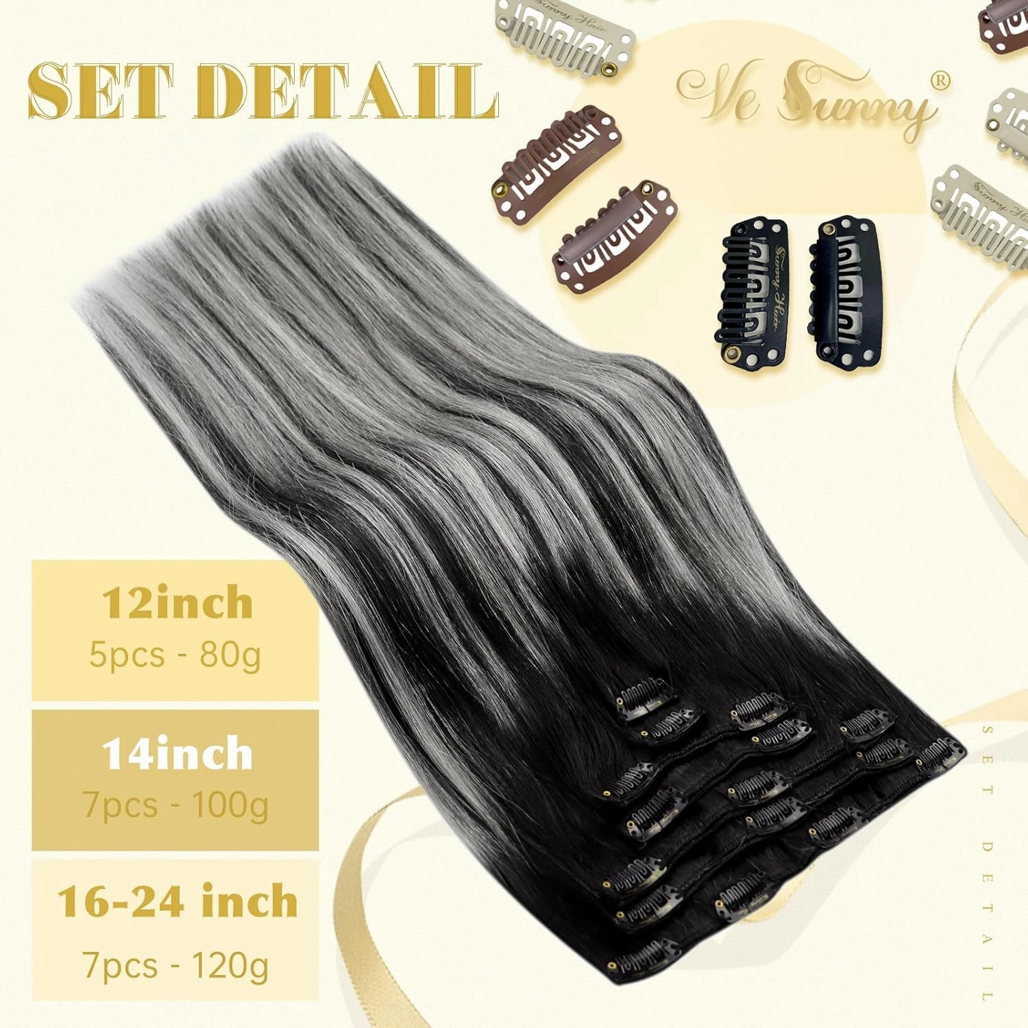 Ve Sunny Clip in Hair Extensions Real Human Hair Ombre Hair Clip in Extensions Ombre Black Roots to Grey Balayage Human Hair Extensions Clip ins Short Straight Remy Hair 80g 5pcs 12inch