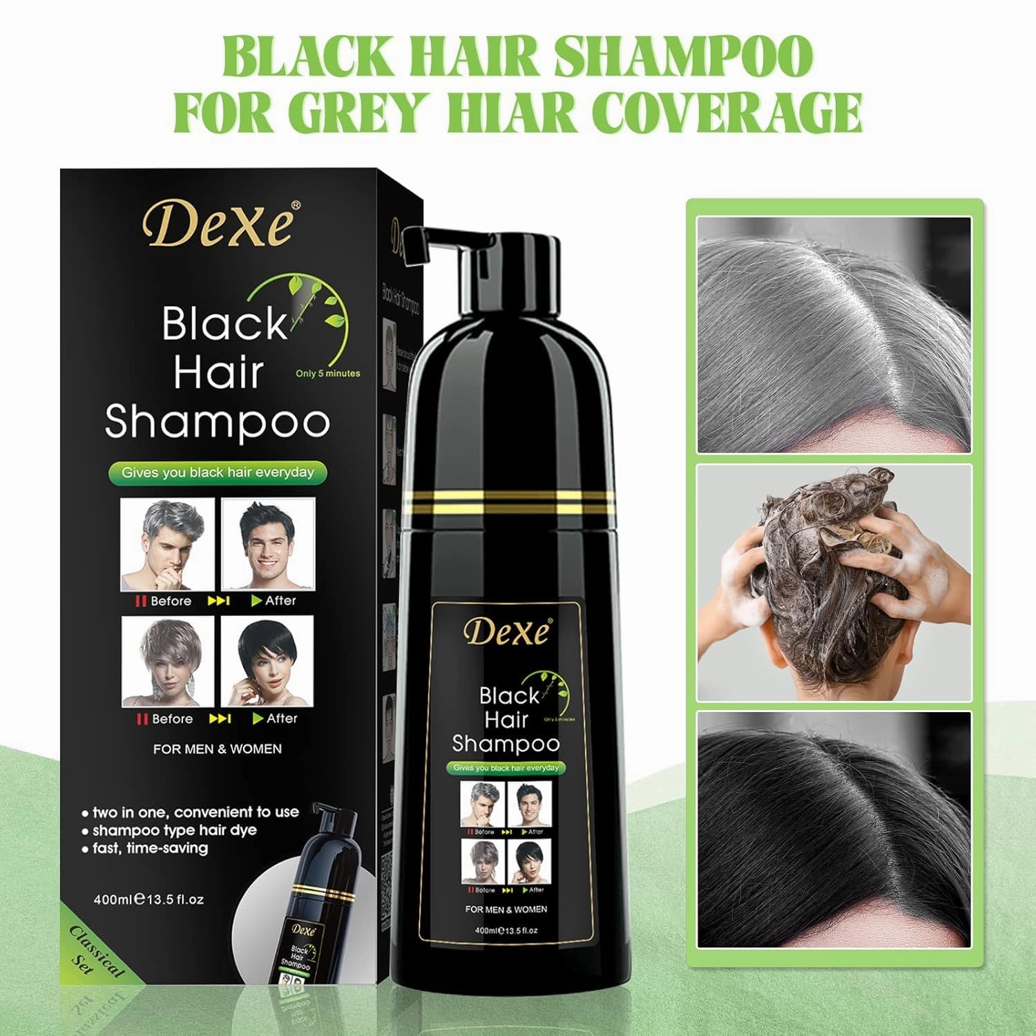 Vedora Instant Black Hair Shampoo 400ml - Semi-Permanent DeXe black Hair Dye shampoo for Natural Hair, Lasts 30 Days, Fast Acting Formula for Men & Women