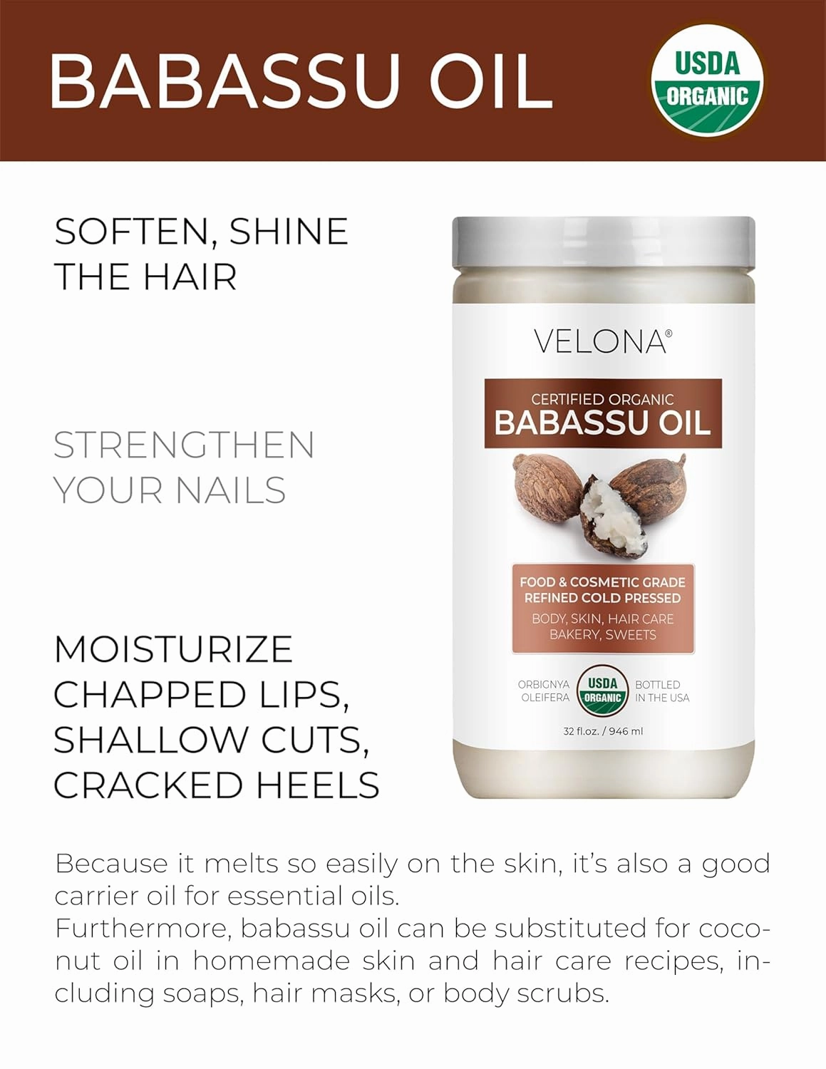 velona Babassu Oil USDA Certified Organic - 32 Fl Oz | 100% Pure and Natural Carrier Oil | Refined, Cold Pressed | Face, Hair, Body & Skin Care and Cooking | Use Today - Enjoy Results