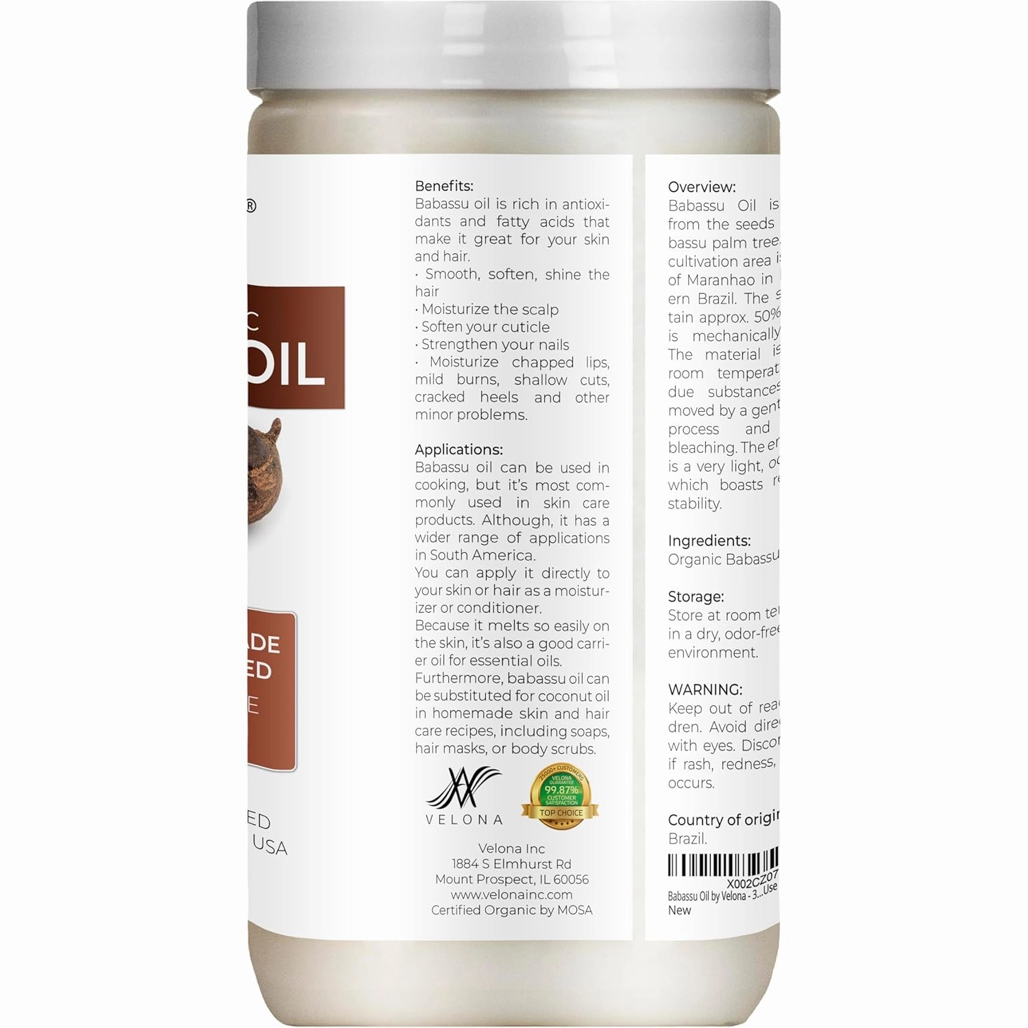 velona Babassu Oil USDA Certified Organic - 32 Fl Oz | 100% Pure and Natural Carrier Oil | Refined, Cold Pressed | Face, Hair, Body & Skin Care and Cooking | Use Today - Enjoy Results