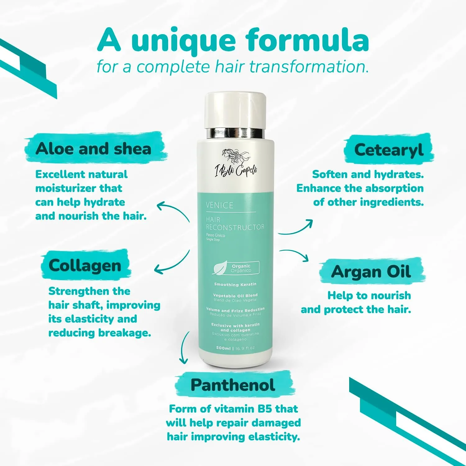 Venice Hair Reconstructor, Organic Keratin Hair Treatment Straightening in 1 Step- Formaldehyde Free, Keratina Organica, Keratina Para Alisar El Pelo Sin Formol (16.9 Fl Oz/ 500 ml)