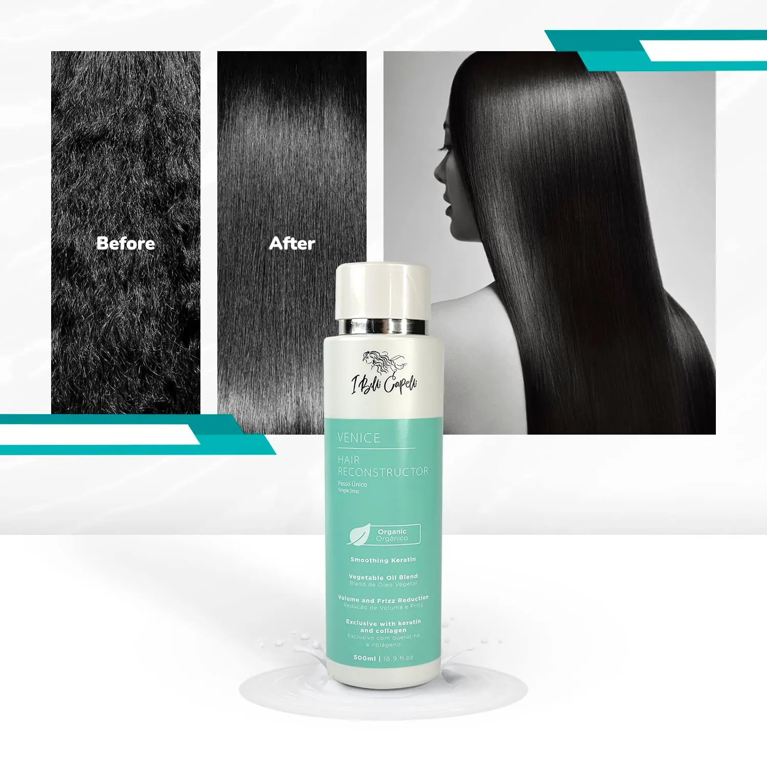 Venice Hair Reconstructor, Organic Keratin Hair Treatment Straightening in 1 Step- Formaldehyde Free, Keratina Organica, Keratina Para Alisar El Pelo Sin Formol (16.9 Fl Oz/ 500 ml)