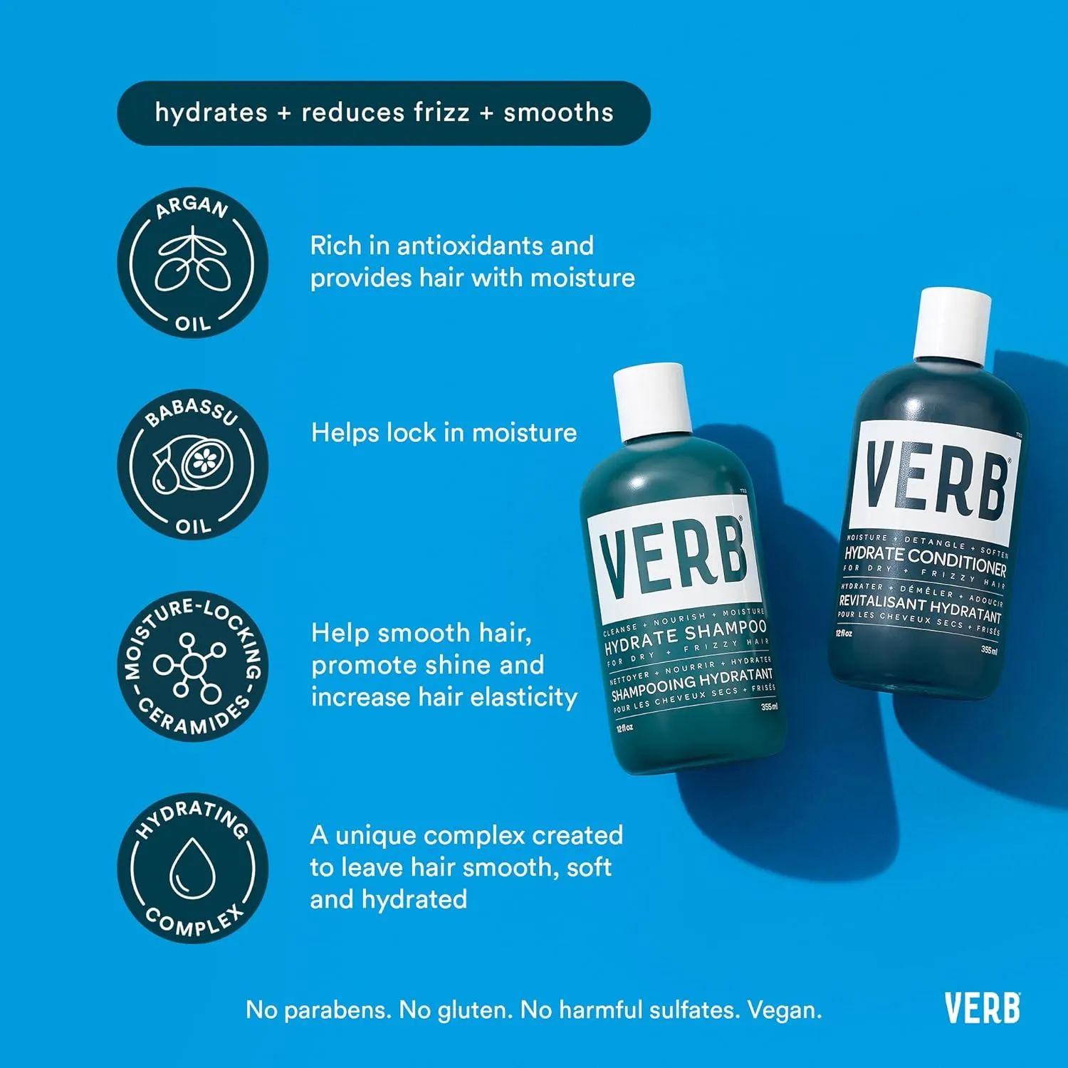 VERB Hydrate Shampoo - Cleanse Dry   Frizzy Hair - Smooth   Reduce Frizz - Amber   Warm Jasmine Scent