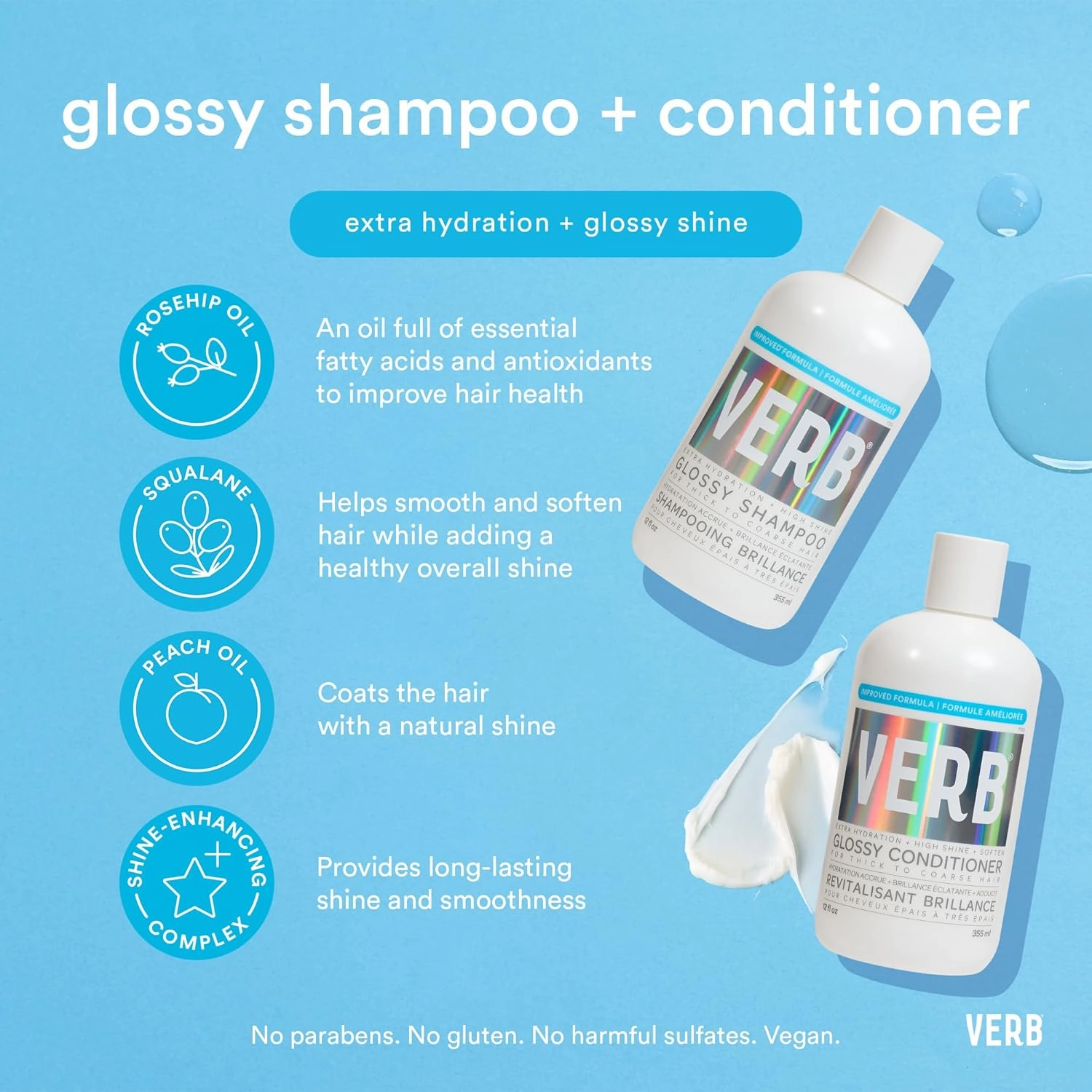 VERB Glossy Shampoo – Adds Moisture   High Shine for Thick to Coarse Hair – Sulfate, Paraben and Gluten Free