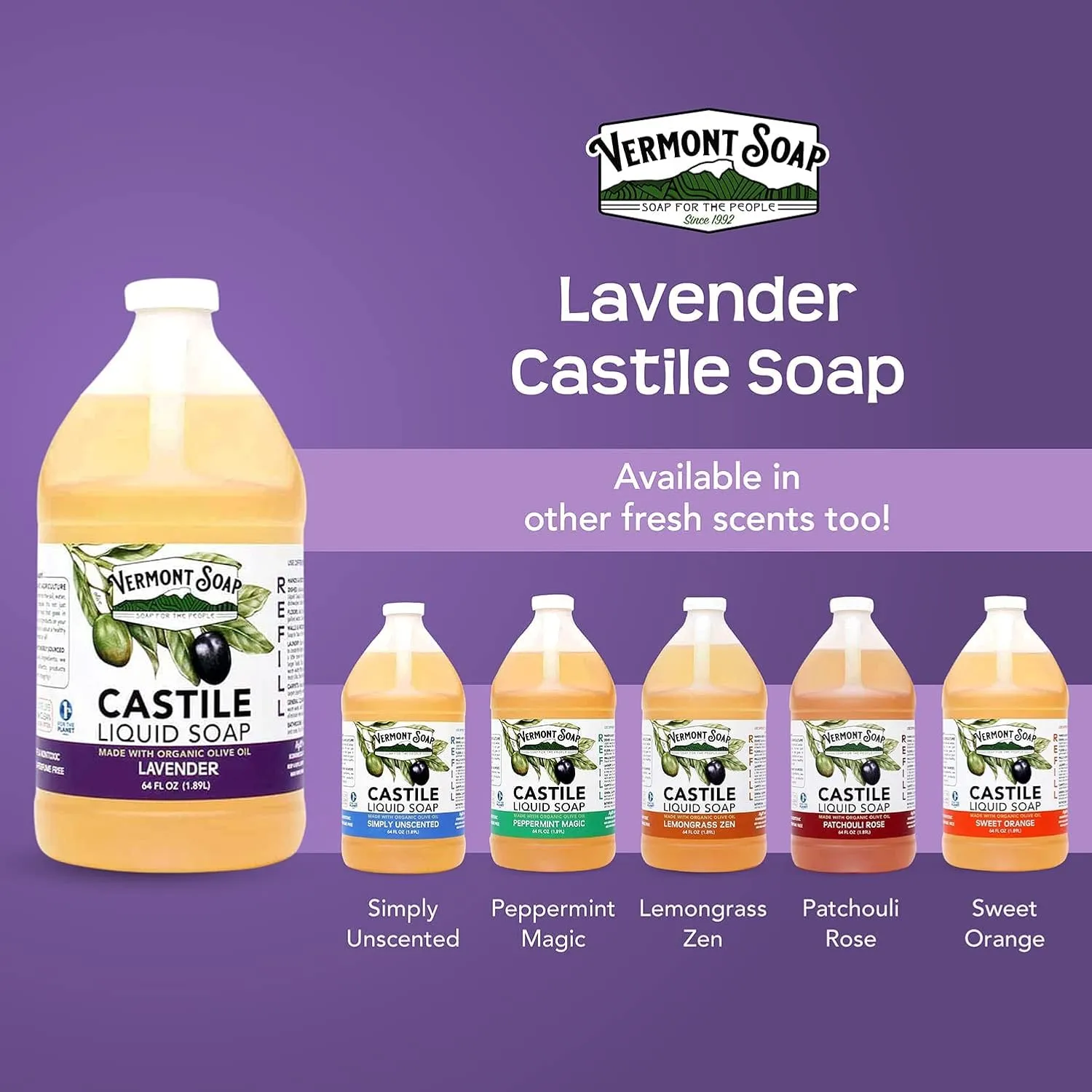 Vermont Castile Soap Lavender, Gentle Liquid Soap for Sensitive Skin & Natural Body Wash, Organic Hair Shampoo for Oily Hair, Aloe Castile Soap for Men & Women - 64 Oz
