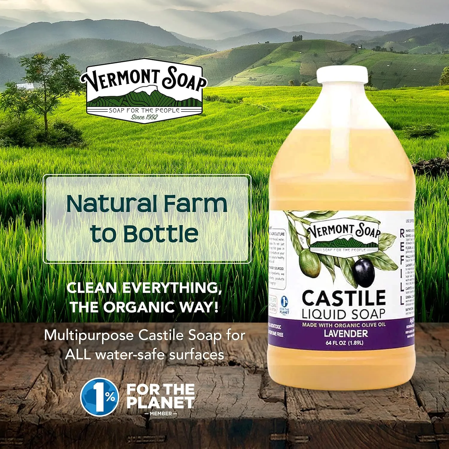 Vermont Castile Soap Lavender, Gentle Liquid Soap for Sensitive Skin & Natural Body Wash, Organic Hair Shampoo for Oily Hair, Aloe Castile Soap for Men & Women - 64 Oz
