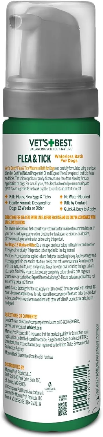Vet's Best Flea & Tick Waterless Bath Foam for Dogs - Flea-Killing Dry Shampoo for Dogs - Plant-Based Ingredients - Certified Natural Oils - 8 oz