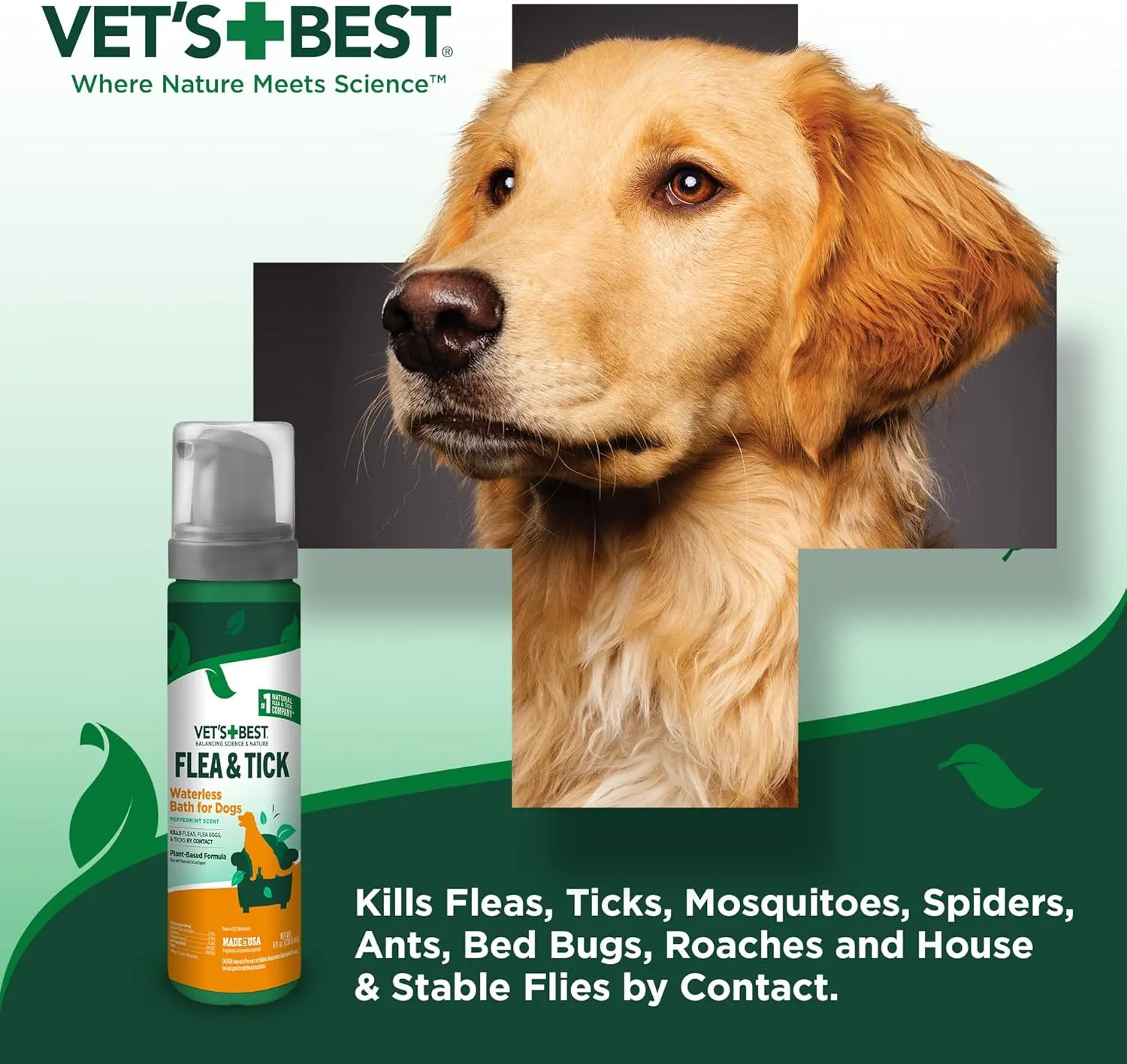 Vet's Best Flea & Tick Waterless Bath Foam for Dogs - Flea-Killing Dry Shampoo for Dogs - Plant-Based Ingredients - Certified Natural Oils - 8 oz
