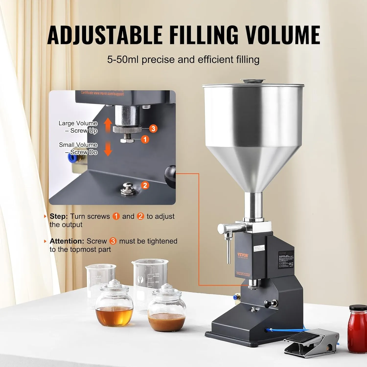 VEVOR A02 Pneumatic Paste Liquid Filling Machine, 5-50ml Adjustable Bottle Filling Machine with 10L Hopper for Filling Paste/Cream/Cosmetic/Perfume/Drink/Medicine/Shampoo/Lip Gloss