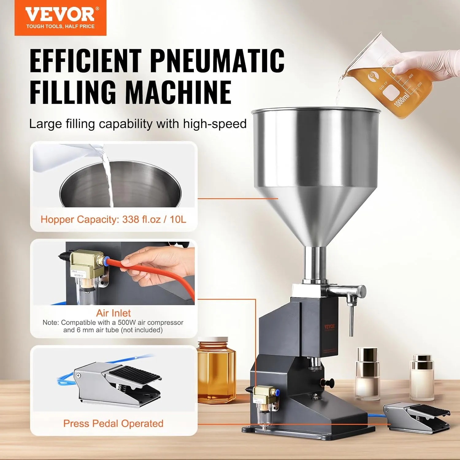VEVOR A02 Pneumatic Paste Liquid Filling Machine, 5-50ml Adjustable Bottle Filling Machine with 10L Hopper for Filling Paste/Cream/Cosmetic/Perfume/Drink/Medicine/Shampoo/Lip Gloss