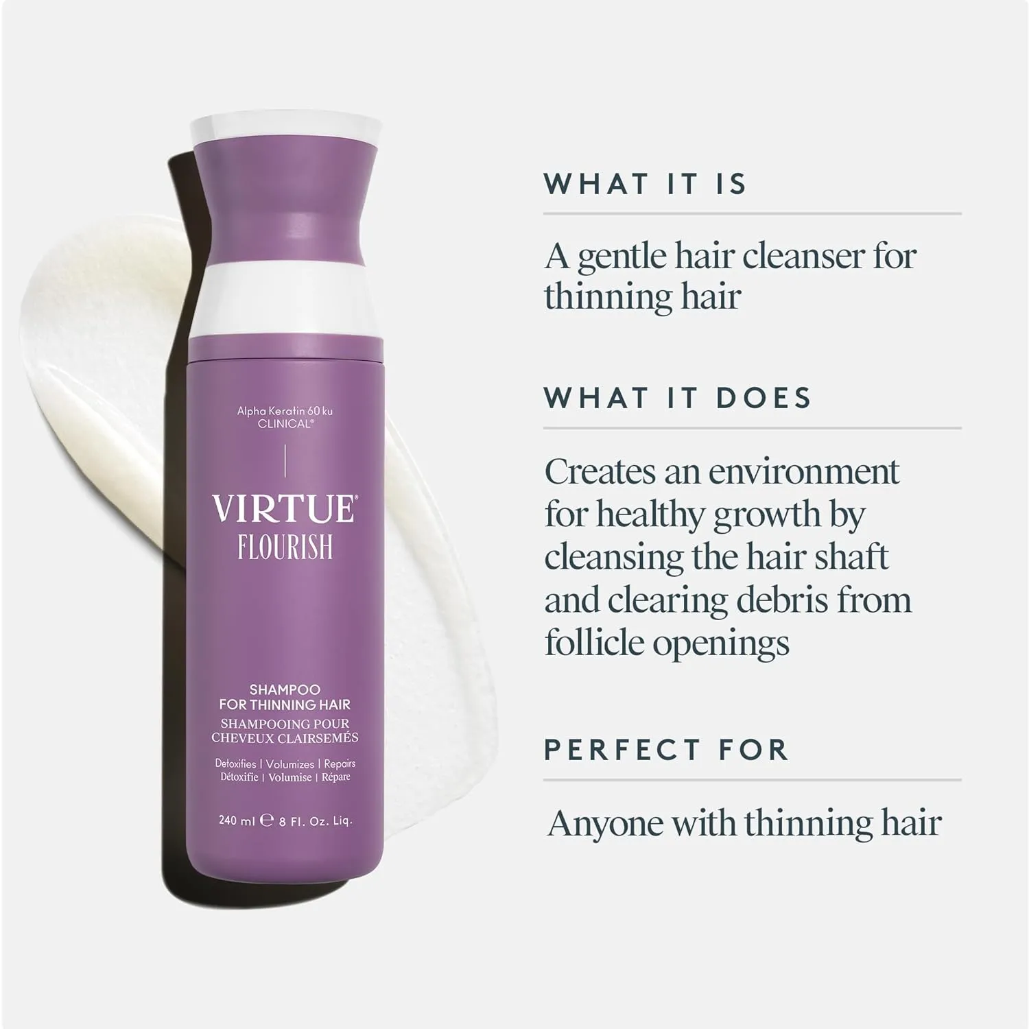 VIRTUE Flourish Sulfate Free Shampoo for Thinning Hair, Volumizing Hair Growth Product, Detoxifies and Repairs, Color Safe