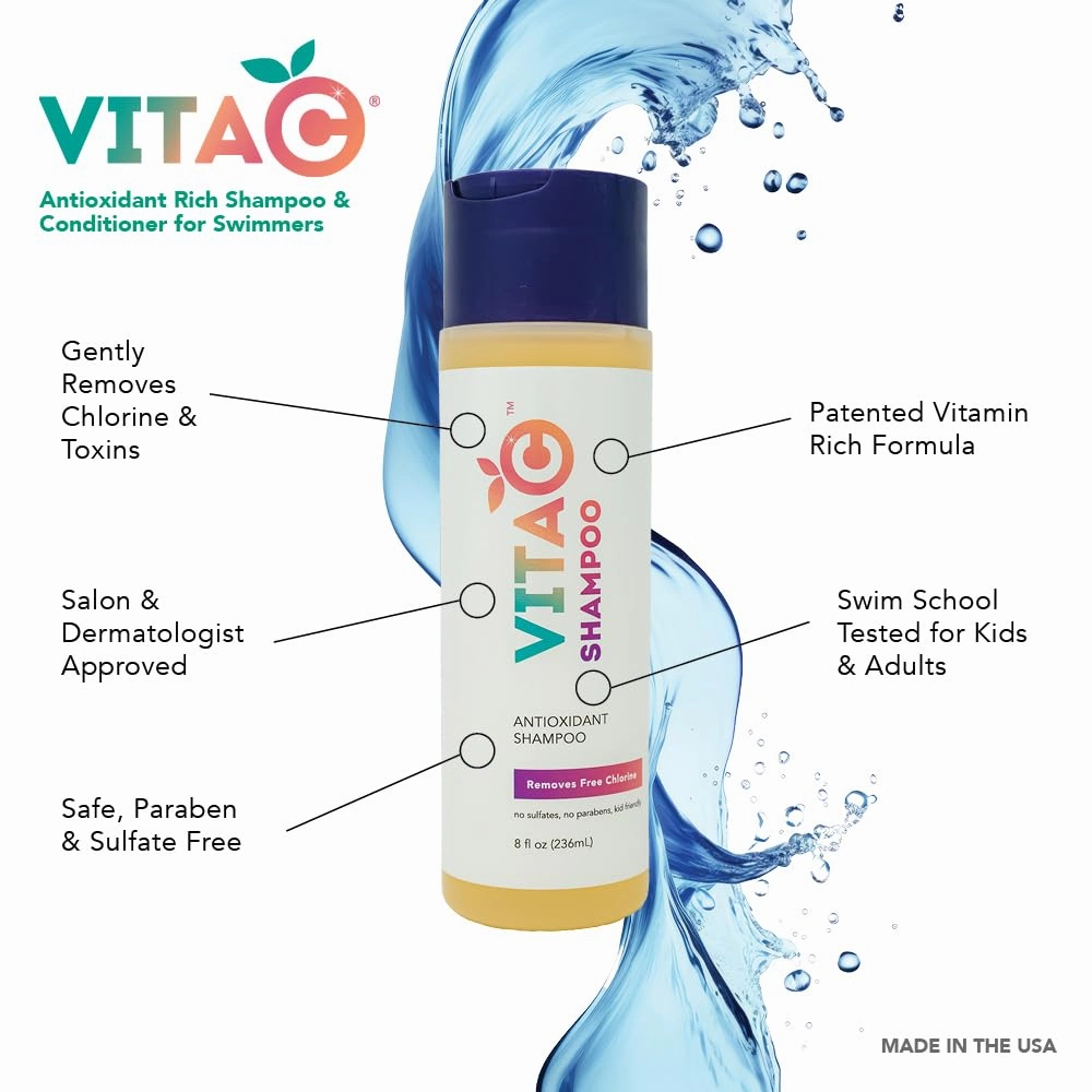 Vita C Swimmers Post-Swim Chlorine Removing Shampoo & Body Wash, Swim Tested, Gently Eliminate Chlorine & Water Toxins. Patented Antioxidant Formula, Hydrates & Rejuvenates Hair and Skin - 8 Fl Oz