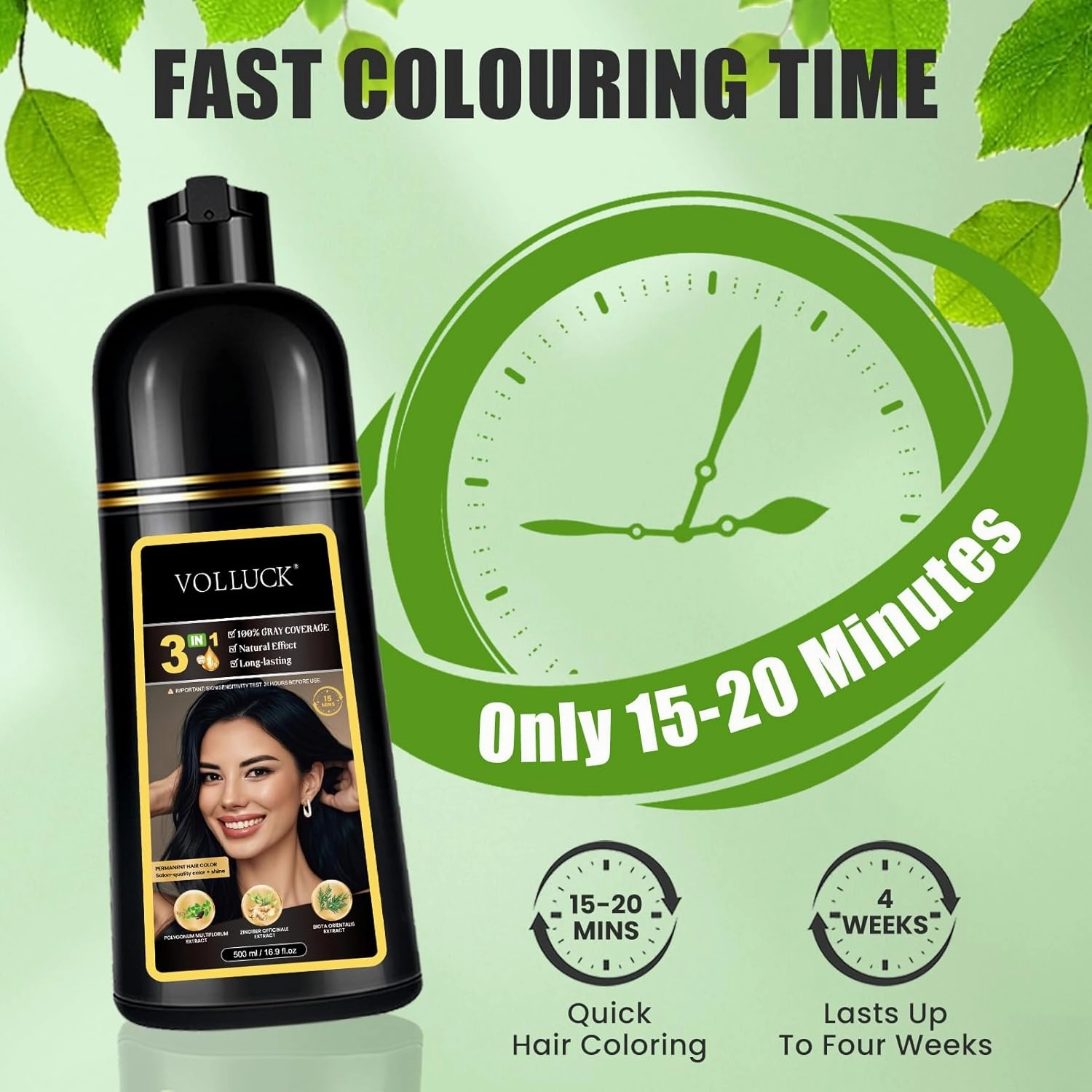 VOLLUCK Hair Dye Shampoo, Hair Dye Shampoo 3 in 1 Long Lasting Gray Hair Coverage for Women & Men (Black)