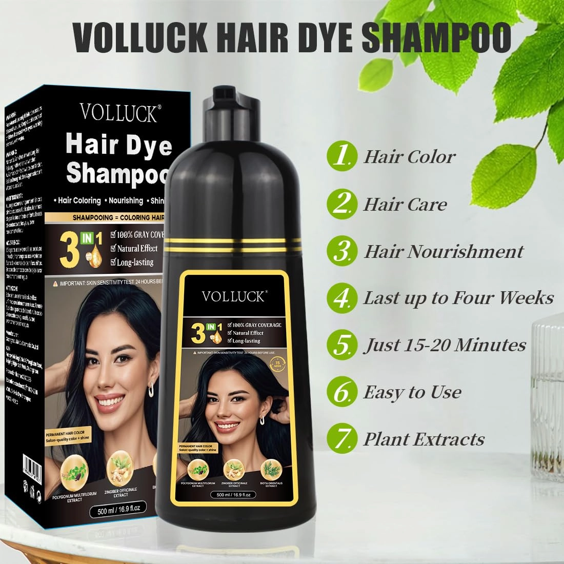 VOLLUCK Hair Dye Shampoo, Hair Dye Shampoo 3 in 1 Long Lasting Gray Hair Coverage for Women & Men (Black)