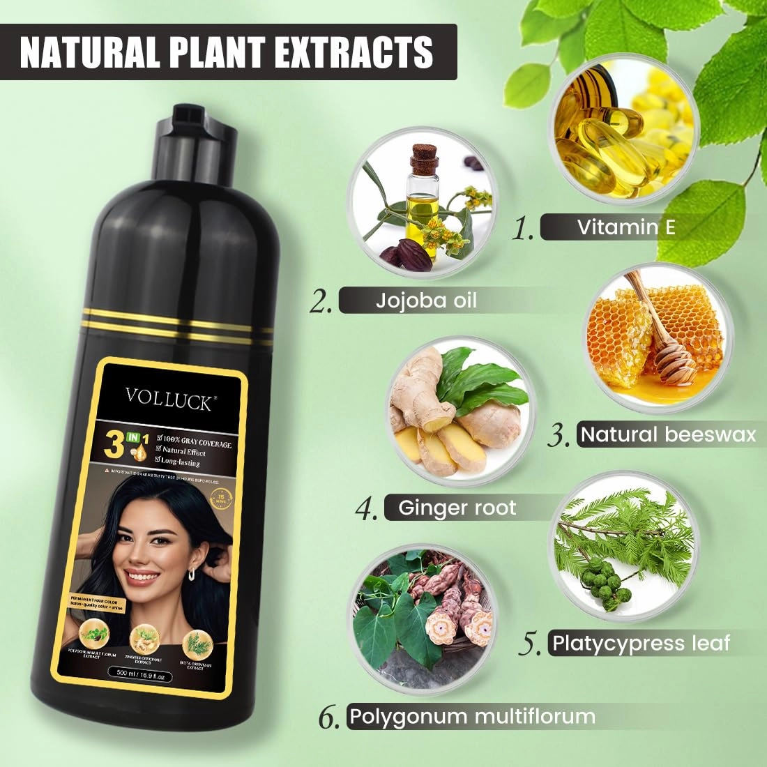 VOLLUCK Hair Dye Shampoo, Hair Dye Shampoo 3 in 1 Long Lasting Gray Hair Coverage for Women & Men (Black)