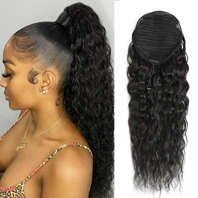 Water Wave Ponytail Extension for Black Women, 3C Corn Wave Brazilian Hair Ponytail Hairpiece with Wrap Drawstring, Natural Color 10A Human Hair Corn Wave Ponytails 12 Inch