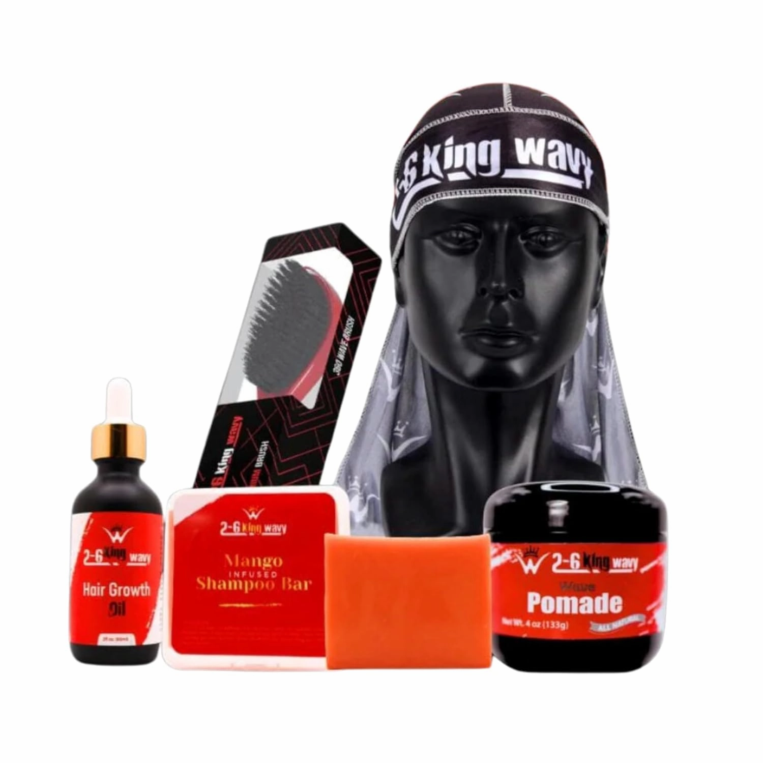 Waves Bundle Kit - Haircare Set for Black Men with Curly or Coily Hair - Includes Wave Brush, Durag, Pomade, Mango Shampoo and Growth Oil - Beginner Wave Kit