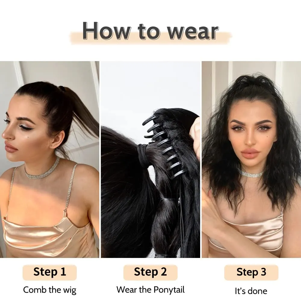Wavy Ponytail Extension Claw Clip for Black Women 18" Synthetic Curly Clips in Pony Tails Hair Extensions Wigs Fluffy Heat Resistant Hairpieces for Wedding Party Daily Use 6 Oz Natural Black
