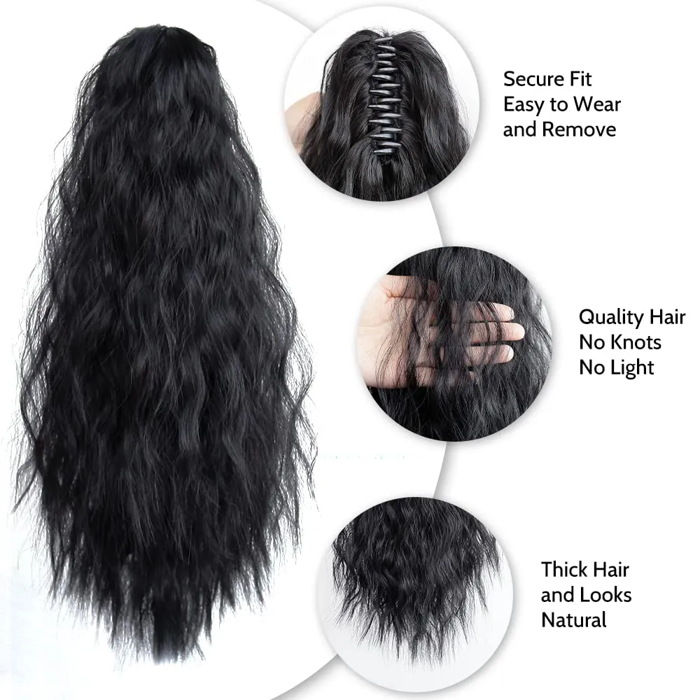 Wavy Ponytail Extension Claw Clip for Black Women 18" Synthetic Curly Clips in Pony Tails Hair Extensions Wigs Fluffy Heat Resistant Hairpieces for Wedding Party Daily Use 6 Oz Natural Black