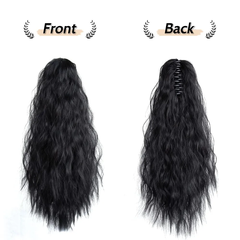 Wavy Ponytail Extension Claw Clip for Black Women 18" Synthetic Curly Clips in Pony Tails Hair Extensions Wigs Fluffy Heat Resistant Hairpieces for Wedding Party Daily Use 6 Oz Natural Black