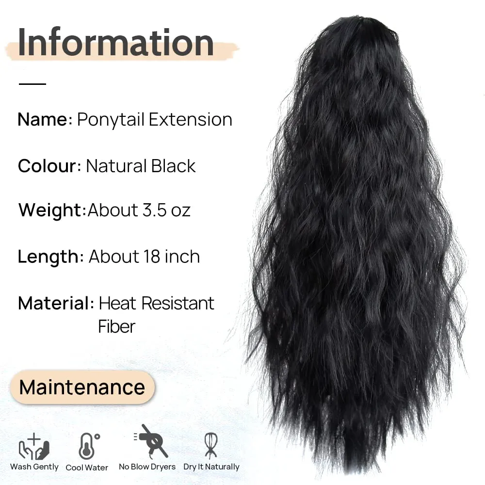 Wavy Ponytail Extension Claw Clip for Black Women 18" Synthetic Curly Clips in Pony Tails Hair Extensions Wigs Fluffy Heat Resistant Hairpieces for Wedding Party Daily Use 6 Oz Natural Black