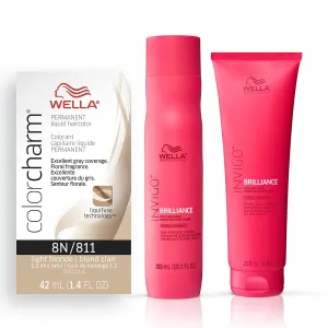 WELLA Color Charm Invigo Brilliance Color Protection Shampoo & Conditioner, For Fine Hair   Permanent Liquid Hair Color for Gray Coverage, 8N Light Blonde