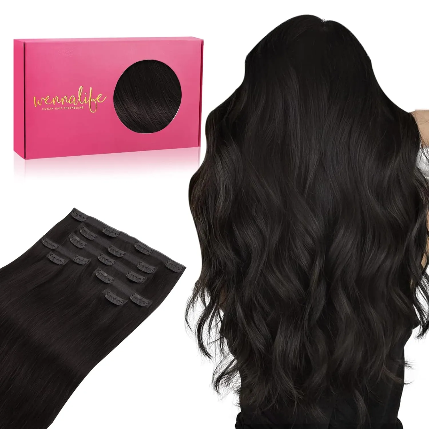 WENNALIFE Genius Seamless Clip-in Hair Extensions - 7pcs Ultra Invisible, 50% Thinner, Natural Black Real Human Hair