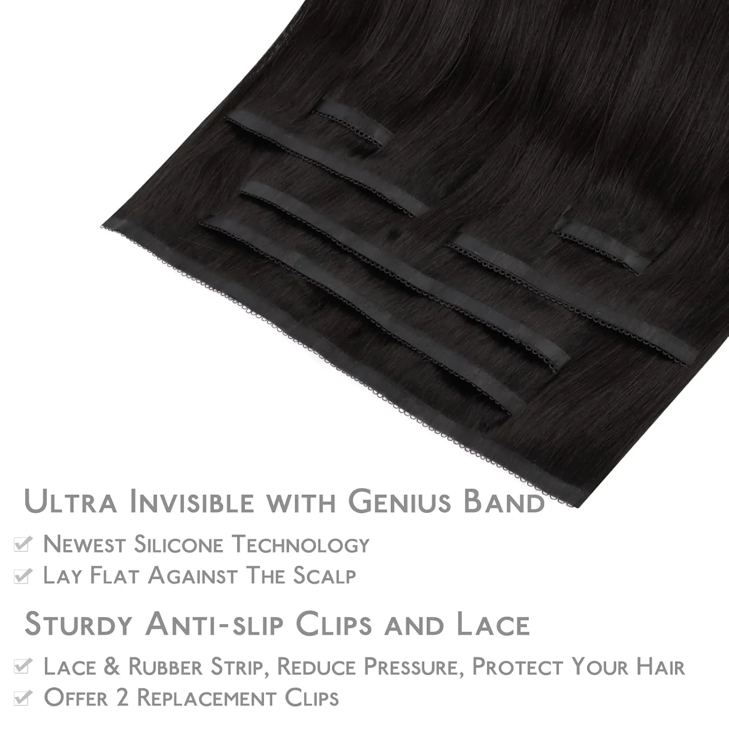 WENNALIFE Genius Seamless Clip-in Hair Extensions - 7pcs Ultra Invisible, 50% Thinner, Natural Black Real Human Hair