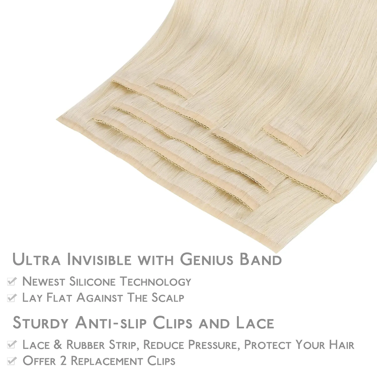 WENNALIFE Genius Seamless Clip-in Hair Extensions - 7pcs Ultra Invisible, 50% Thinner, Platinum Blonde Real Human Hair