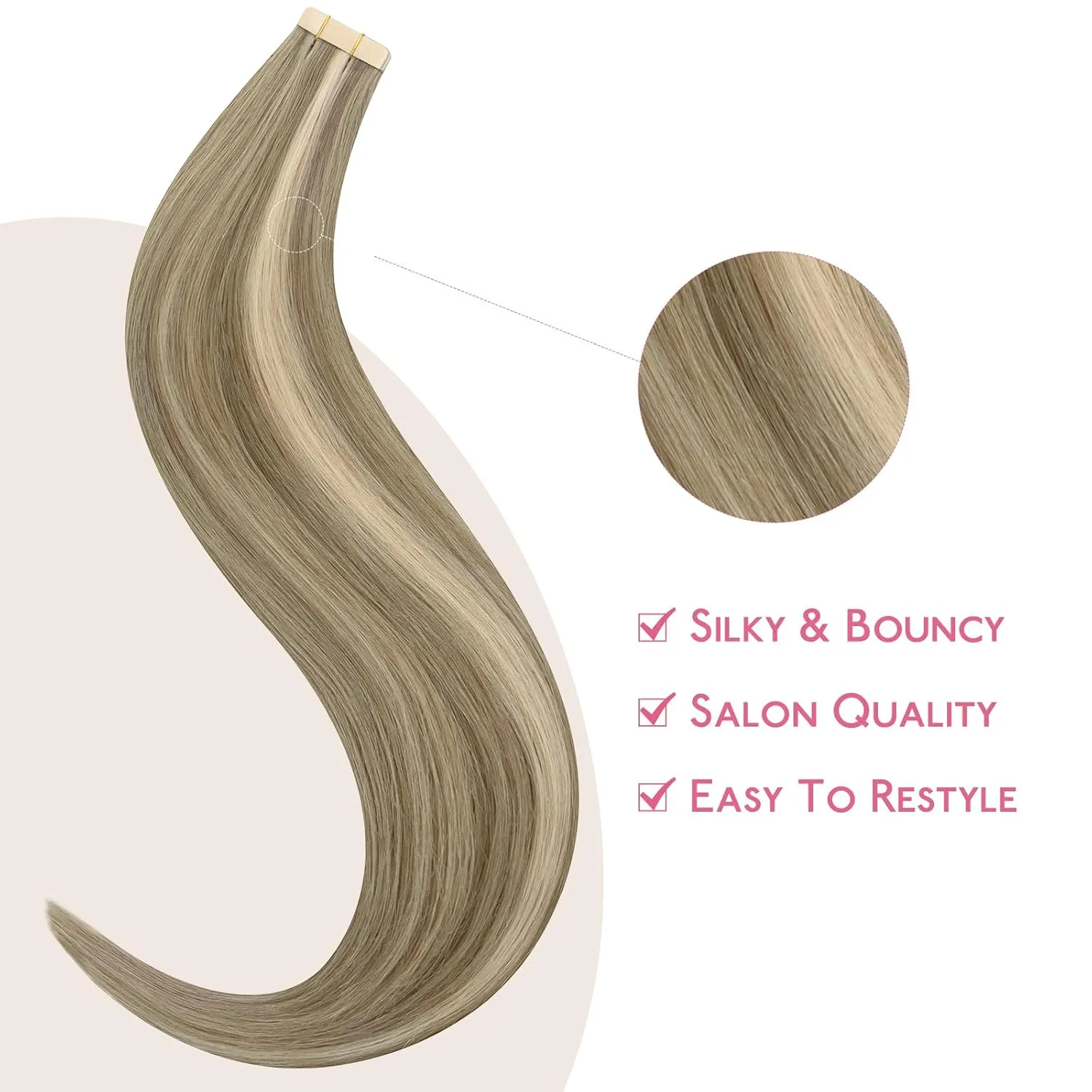 Wennalife Tape in Hair Extensions Human Hair Ash Brown Highlighted Golden Blonde Tape in Extensions, 10pcs 30g 22 inch Remy Invisible Tape Ins Straight Colored Soft Tape in Extensions Refill Set